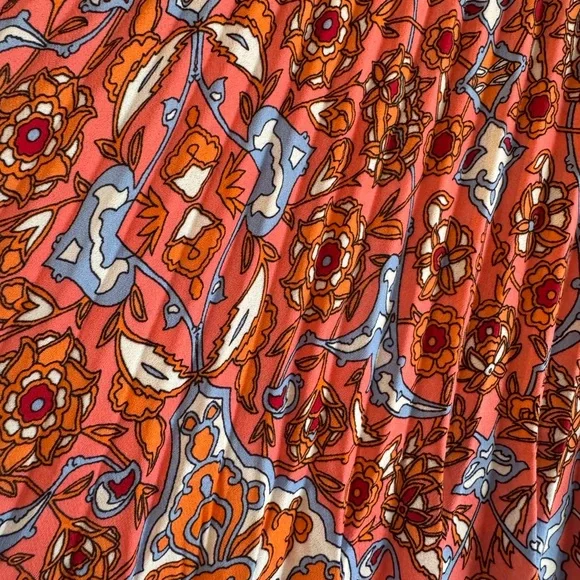 Boho Micro-Pleated Midi Skirt | Coral + Blue | Flowy Festival Midi Skirt | Large - Picture 7 of 10